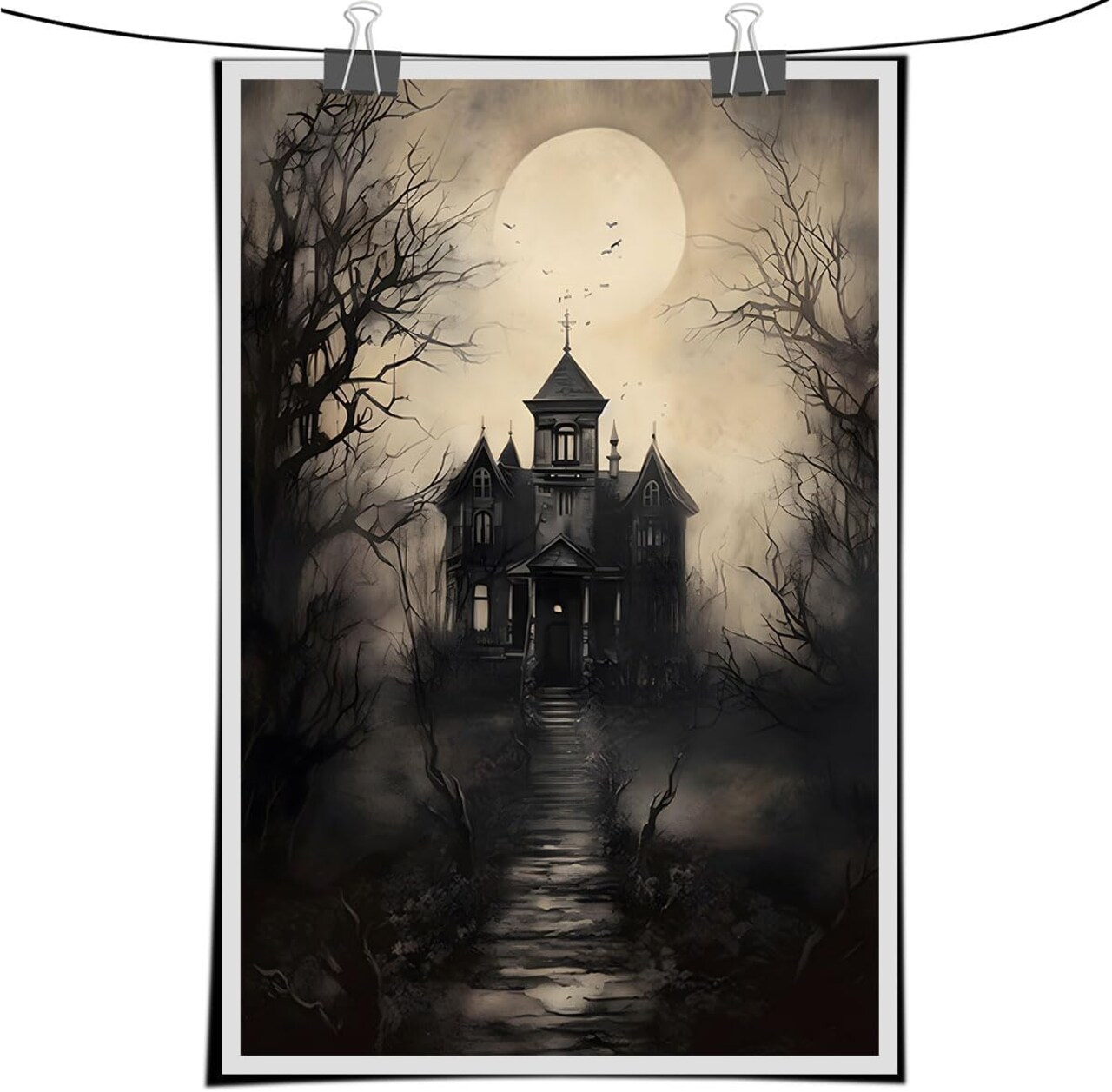 Haunted House Gothic Wall Art – Vintage Forest Horror Print, Dark Academia Halloween Poster for Living Room, Office & Party Decor (Unframed 12x16")